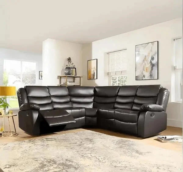 Luxury Roma brown leather recliner corner sofa with spacious 5+ seater design for modern UK homes.