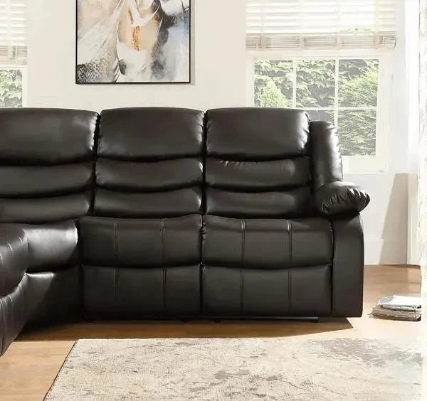 Premium brown air leather corner sofa with spacious five-plus seater configuration.