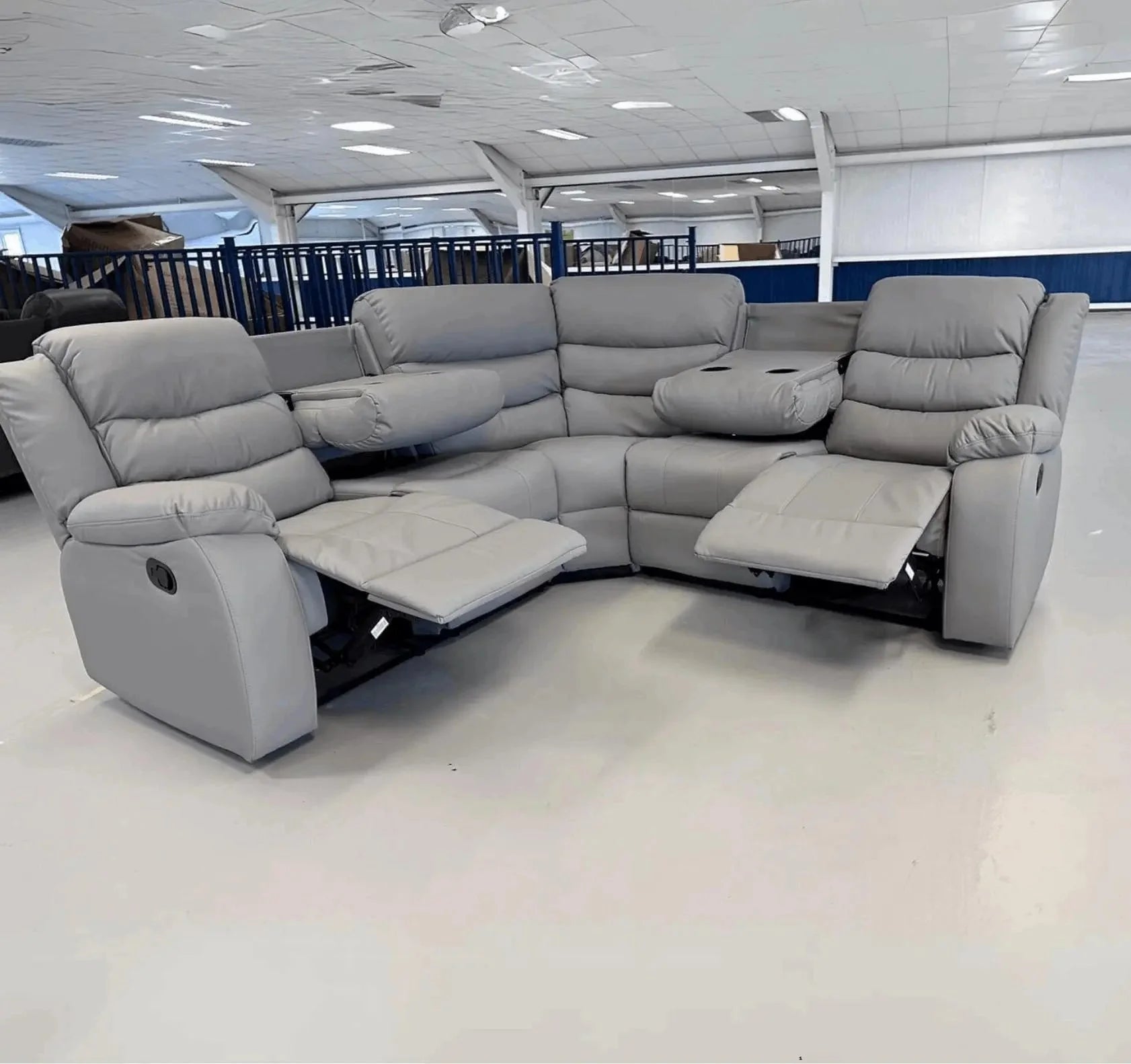 Luxury Roma grey leather recliner corner sofa with spacious 5+ seater design for modern UK homes.