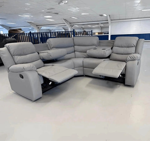 Luxury Roma grey leather recliner corner sofa with spacious 5+ seater design for modern UK homes.