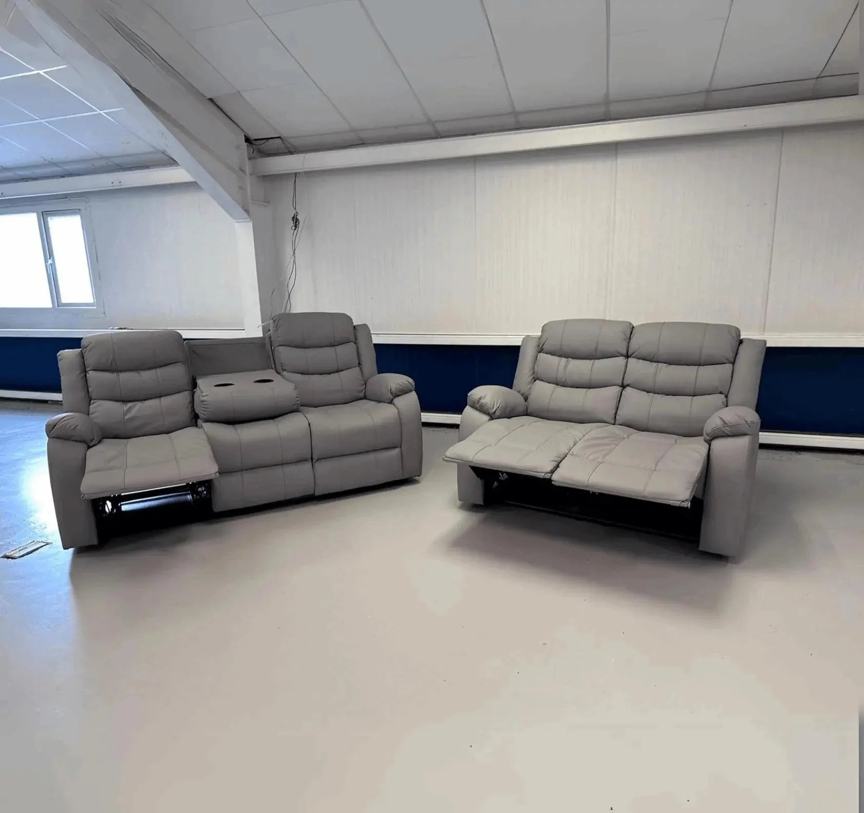 Roma grey air leather 3+2 recliner sofa set with comfortable padded seating.