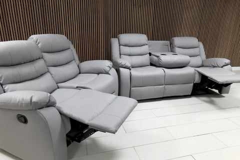 Modern grey air leather 3 seater recliner sofa for contemporary living rooms.