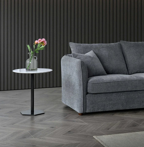 Luxury curved bouclé corner chaise sofa in Pebble and Charcoal with a sculptural organic design, deep cushions, and premium upholstery for modern UK living rooms.