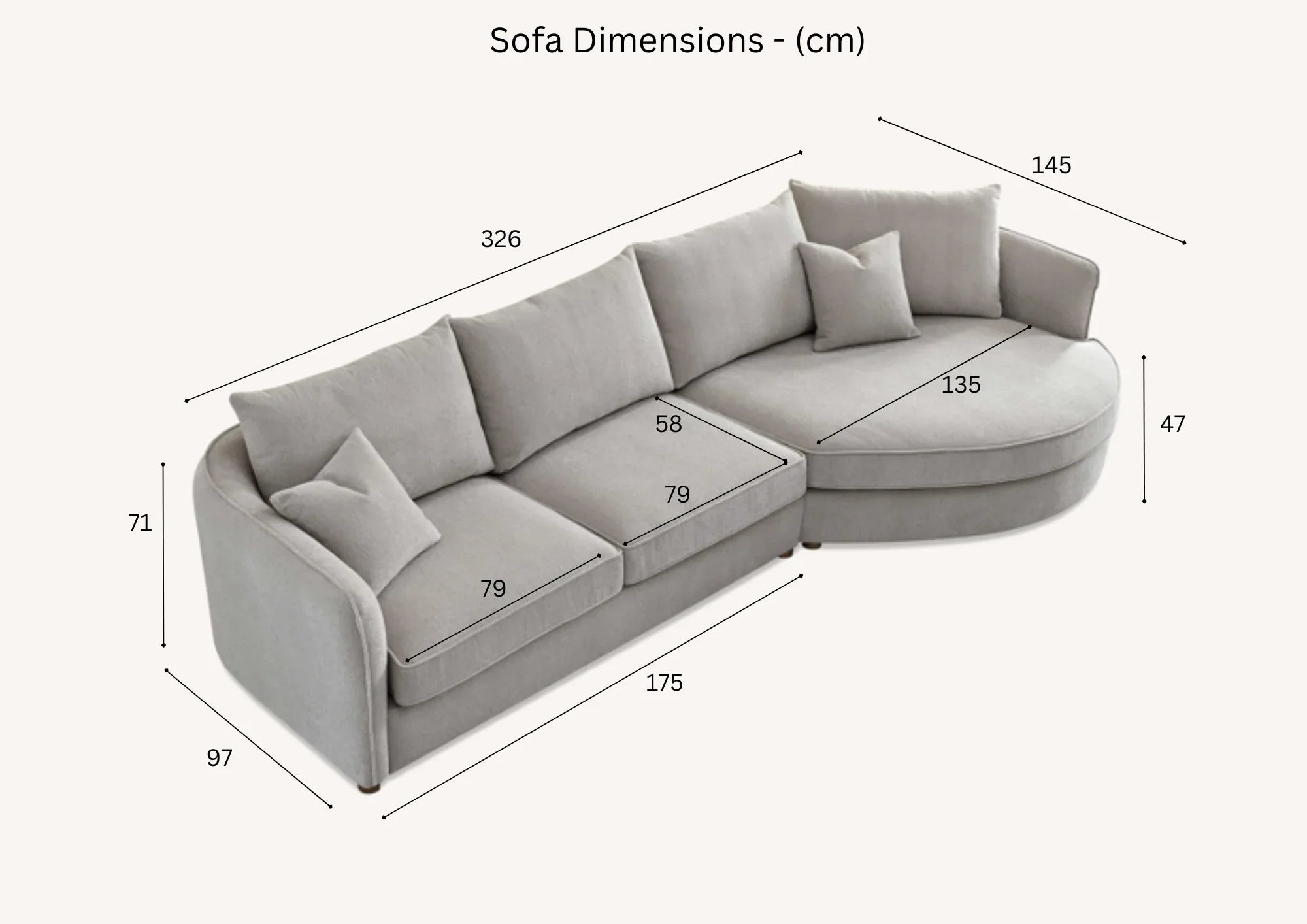 Luxury curved bouclé corner chaise sofa in Pebble and Charcoal with a sculptural organic design.