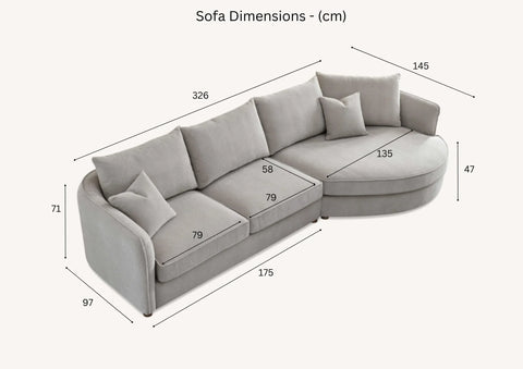 Luxury curved bouclé corner chaise sofa in Pebble and Charcoal with a sculptural organic design.