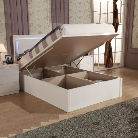 Slim LED High Gloss White Ottoman Storage Bed Frame – Double & King Size