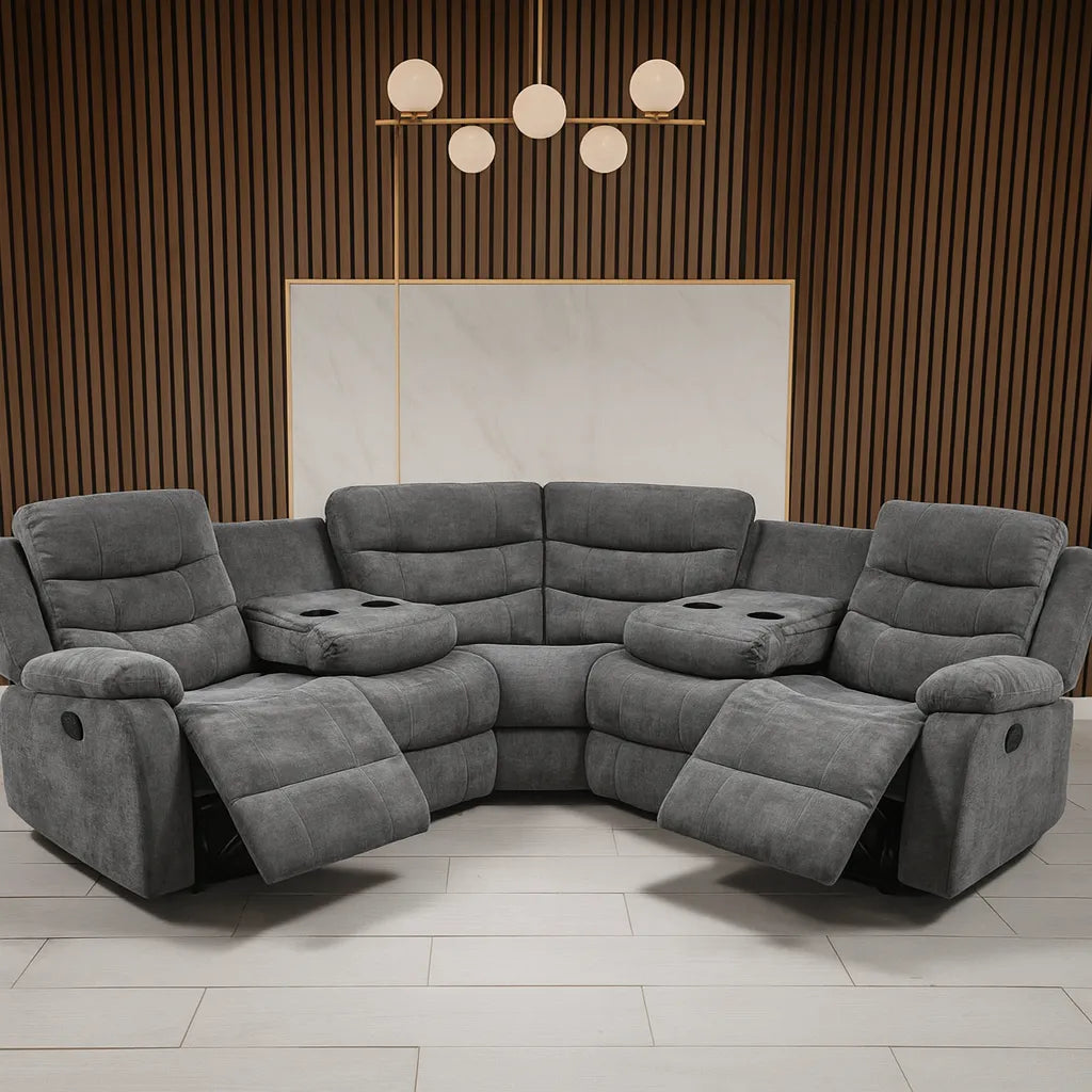 Luxury grey fabric recliner corner sofa with manual reclining seats for modern UK living rooms.