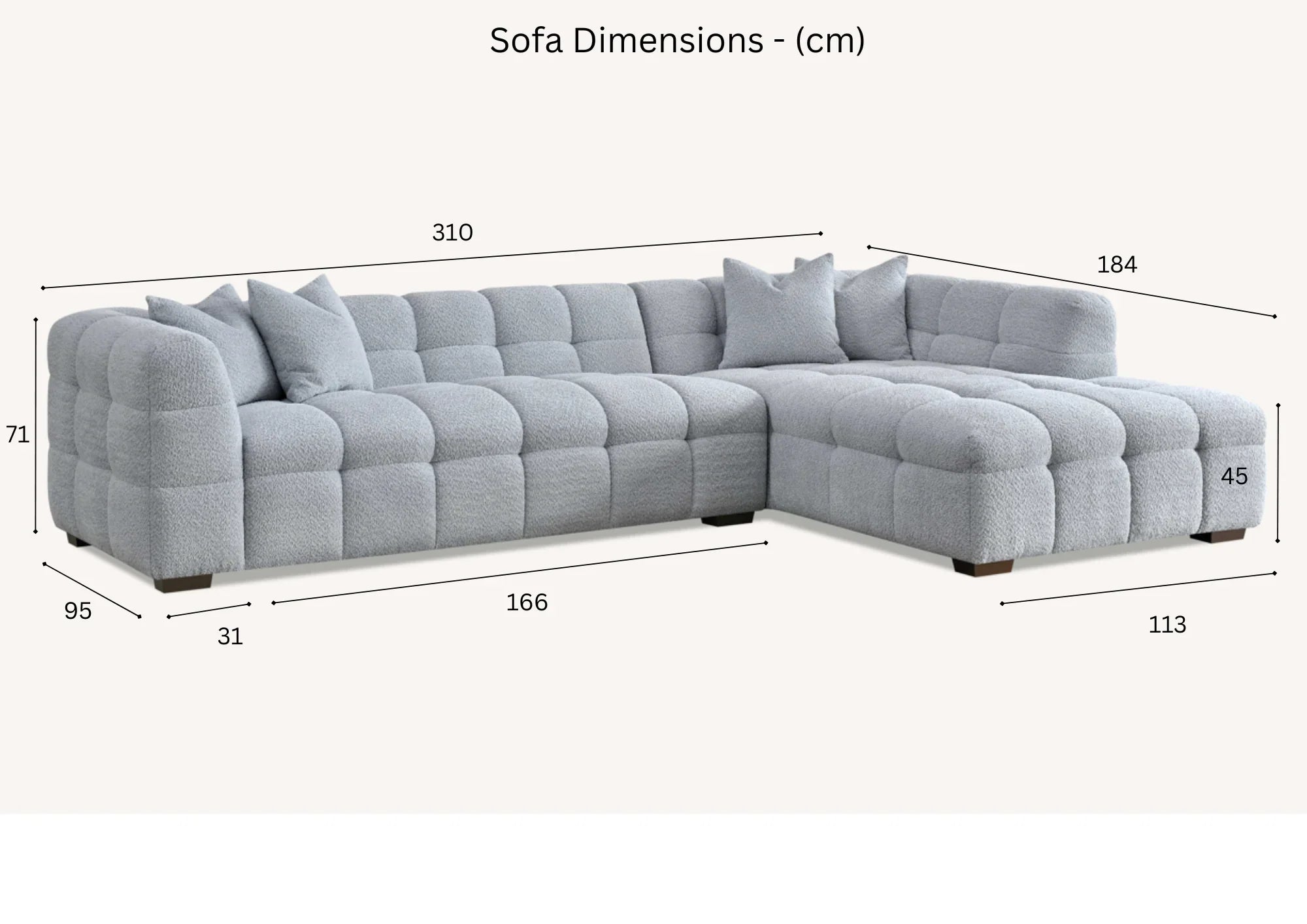 Bouclé corner sofa with chaise and matching footstool in iron grey.