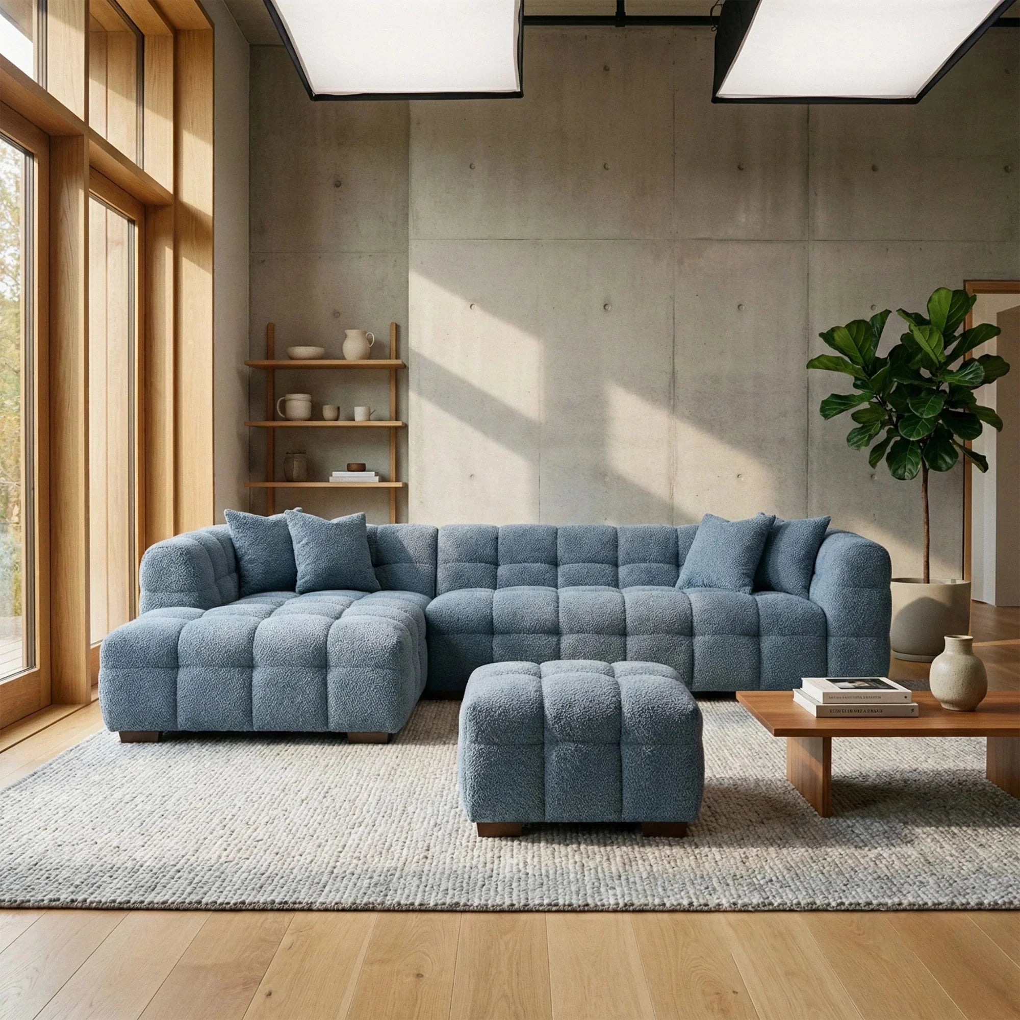 Luxury bouclé corner sofa with chaise and matching footstool in iron grey, featuring a modern curved design for contemporary UK living rooms.